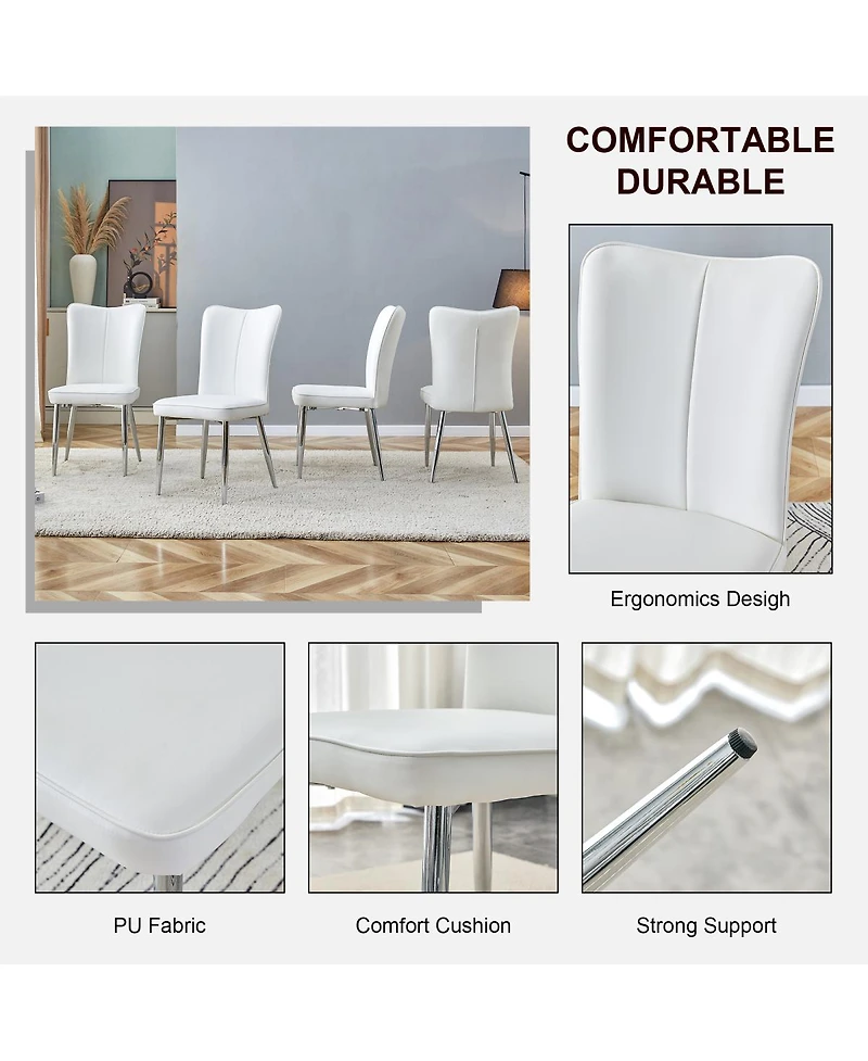 Modern minimalist dining chairs, office chairs. 2piece set of white Pu seats with silver metal legs. Suitable for restaurants, living rooms, and offic