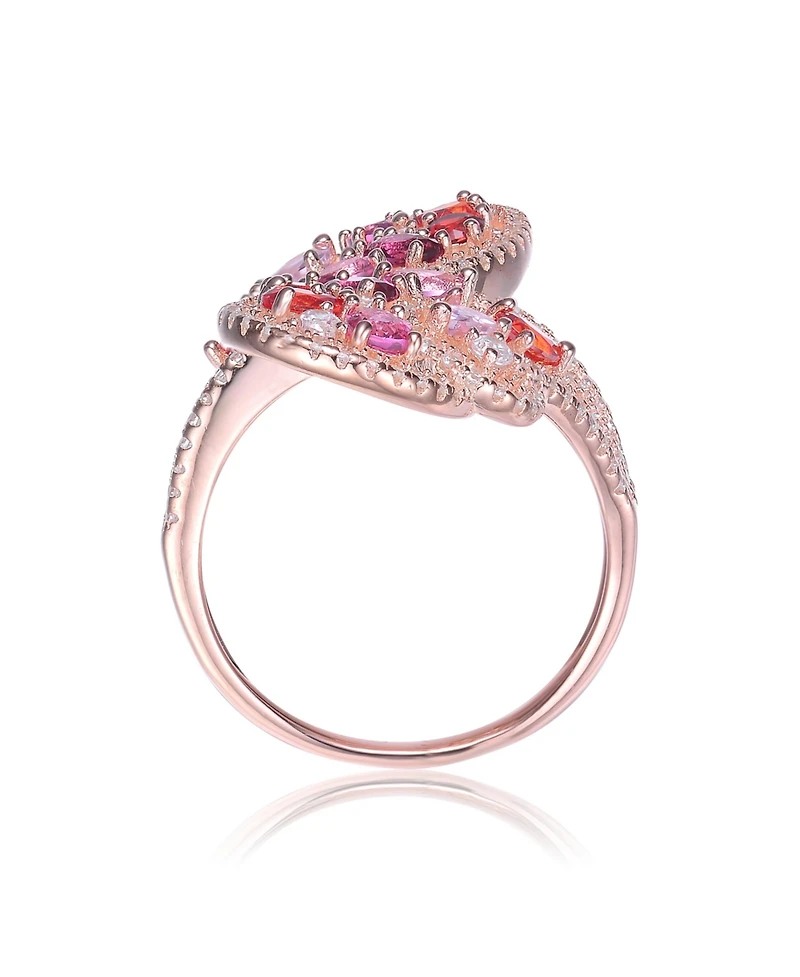 Sterling Silver with 18K Rose Gold Plated Multi Colored Pear Oval and Round Cubic Zirconia Swirl Bypass Ring