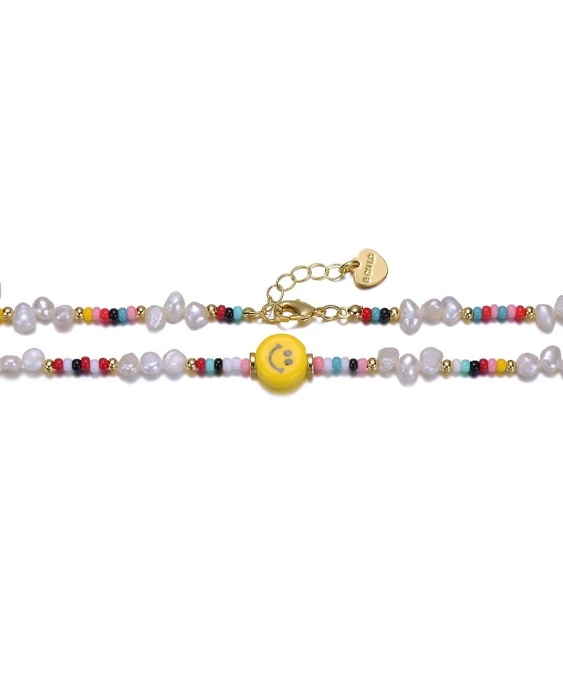 GiGiGirl 14k Yellow Gold Plated Multi Color Beads Necklace with Freshwater Pearls and a Smiley Charm for Kids