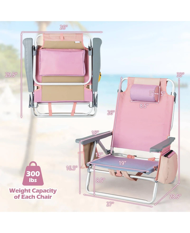 Gymax 4PCS Folding Backpack Beach Chair 5-Position Outdoor Reclining Chairs w/ Pillow