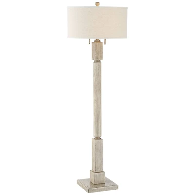 Baluster Traditional Country Cottage Natural Standing Floor Lamp 63.5" Tall Rustic Whitewashed Pickled Wood Oatmeal Linen Fabric Drum Shade Decor