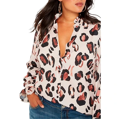 Eloquii Women's Printed Button Down Shirt With Ruffle Neck