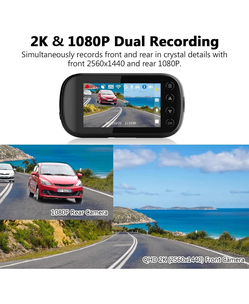 Z-edge 2K 2560x1440 Dual Lens Dash Cam, Front and Rear Dash Camera with Gps