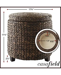Casafield 17" Round Storage Ottoman with Lid - Natural, Handwoven Footstool for Living Room, Bedroom, Bathroom, Home Office