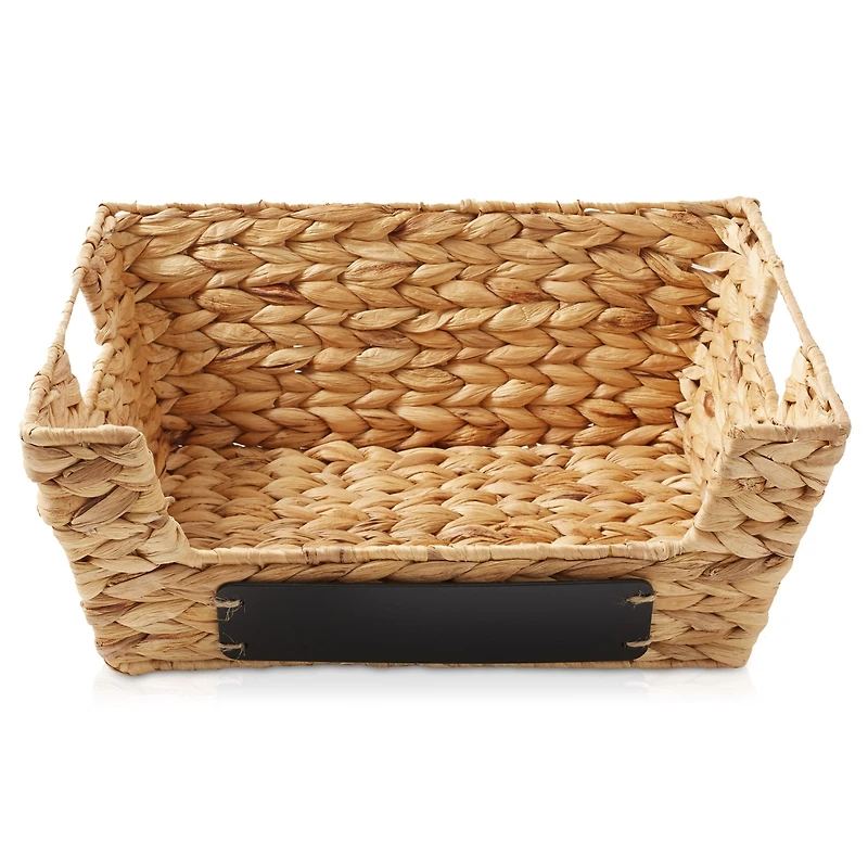 Casafield (Set of 2) Water Hyacinth Pantry Baskets with Handles and Chalkboard Labels - Espresso, Wide Woven Storage Baskets for Kitchen Shelves