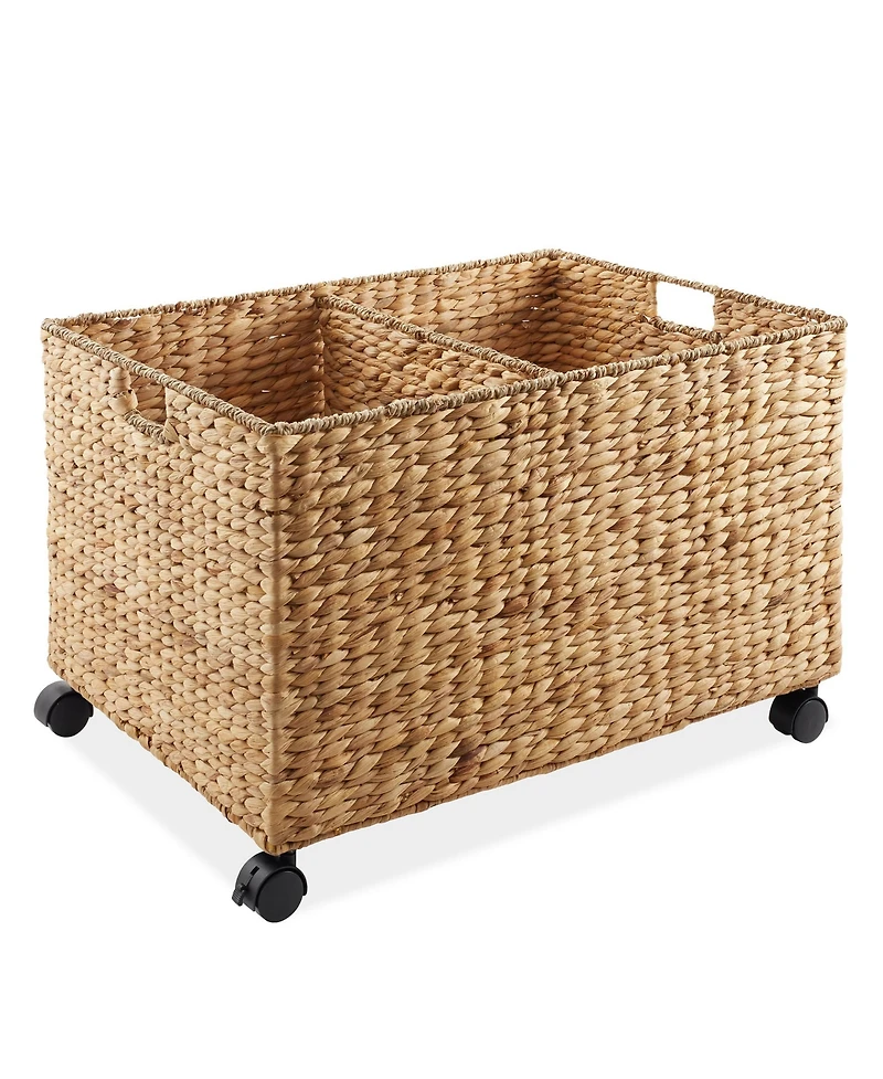 Casafield Rolling Storage Basket Cart with Lid and Wheels, Natural - Woven Water Hyacinth Divided Sorting Bin for Kitchen, Pantry, Laundry, Garage