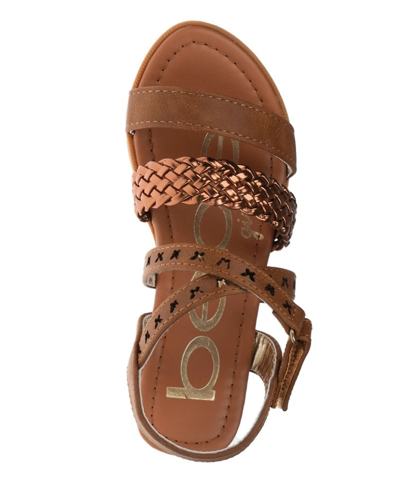 Bebe Big Girl's Stack Heel Sandal with Metallic Weaved Strap and Butterfly Chop Out Polyurethane Sandals