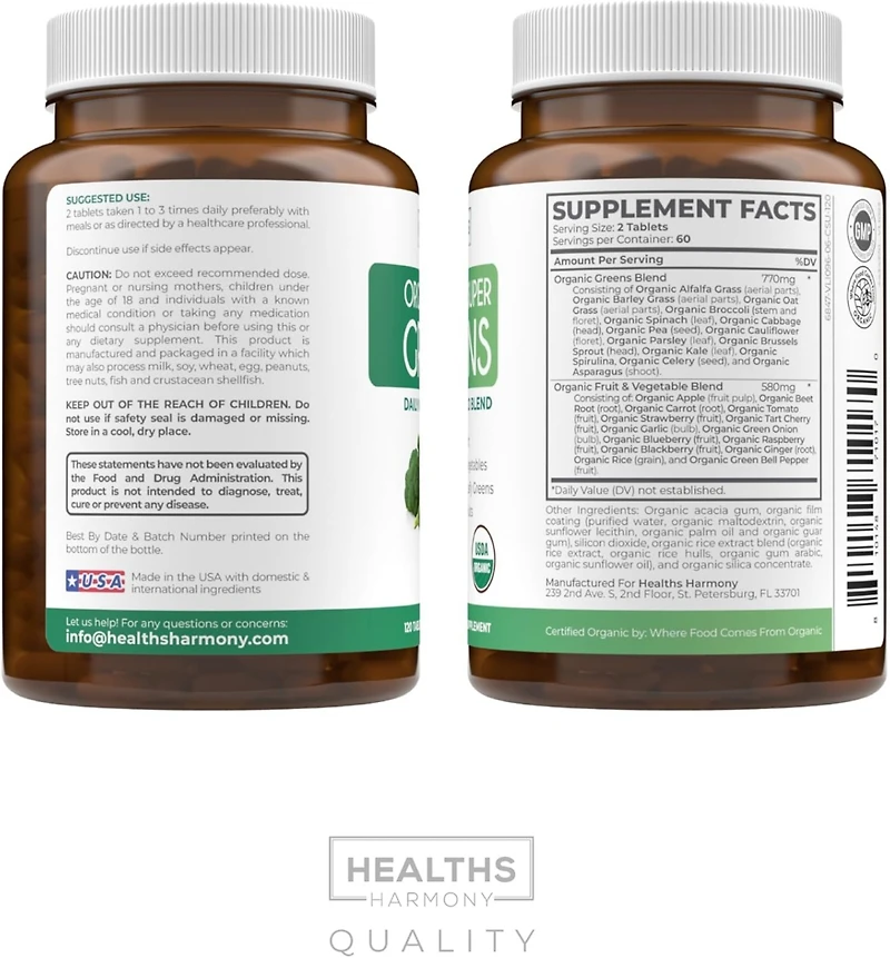 Organic Super Greens Tablets, Complete Superfood Supplement for Super Antioxidants, Energy, Gut Health, and Immune Support, Health's Harmony