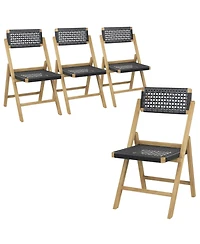Costway 2 Piece Patio Folding Chairs with Woven Rope Seat & High Back Teak Wood for Porch