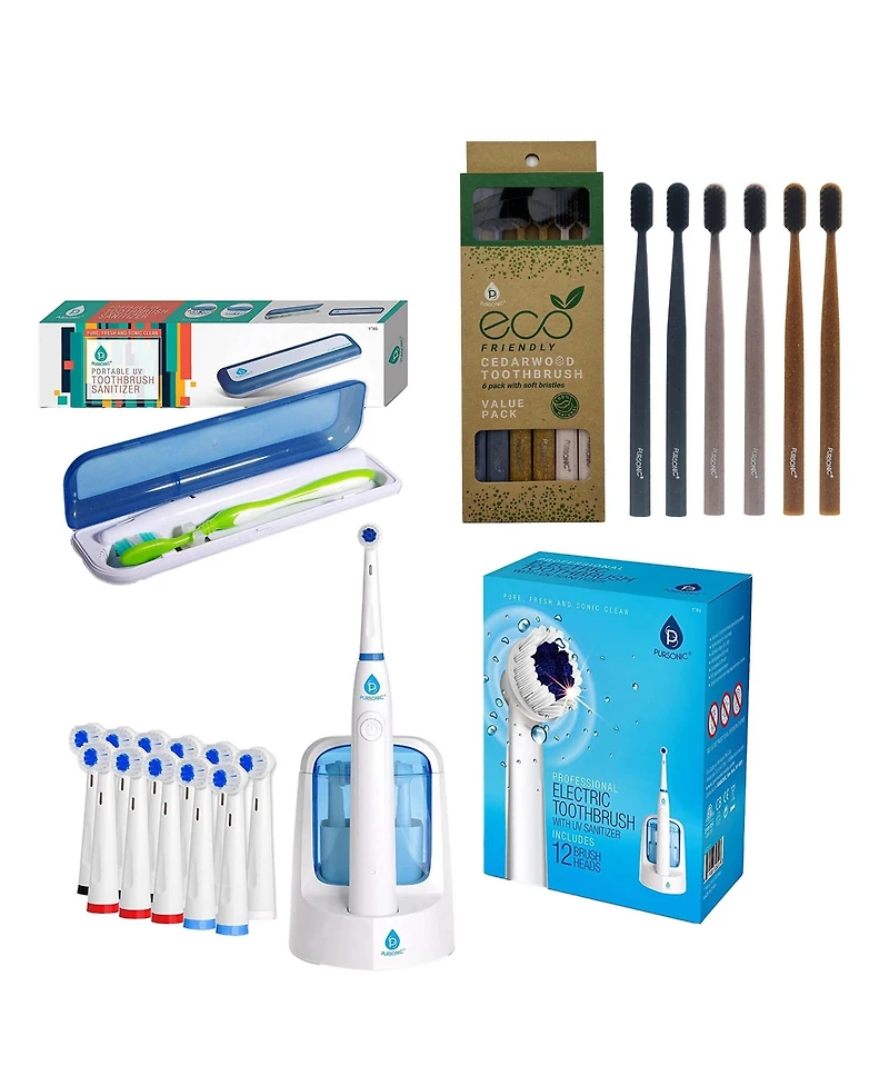 Pursonic Family Dental Bundle: Rechargeable Electric Toothbrush, 6 Eco Cedarwood Brushes & Portable Uv Sanitizer