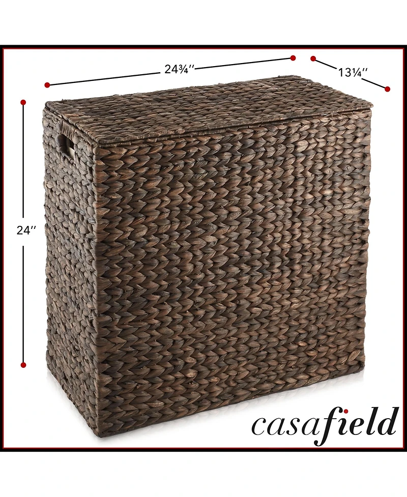 Casafield 2-Section Laundry Hamper with Lid and Removable Liner Bags - Natural, Woven Water Hyacinth Basket for Clothes