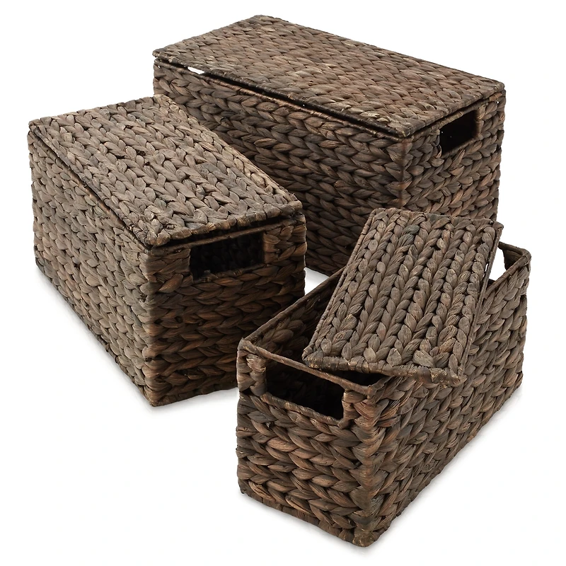 Casafield Set of 3 Water Hyacinth Storage Baskets with Lids, Natural - Small, Medium, Large