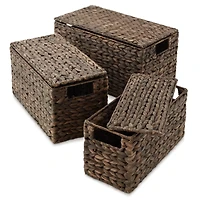 Casafield Set of 3 Water Hyacinth Storage Baskets with Lids, Natural - Small, Medium, Large