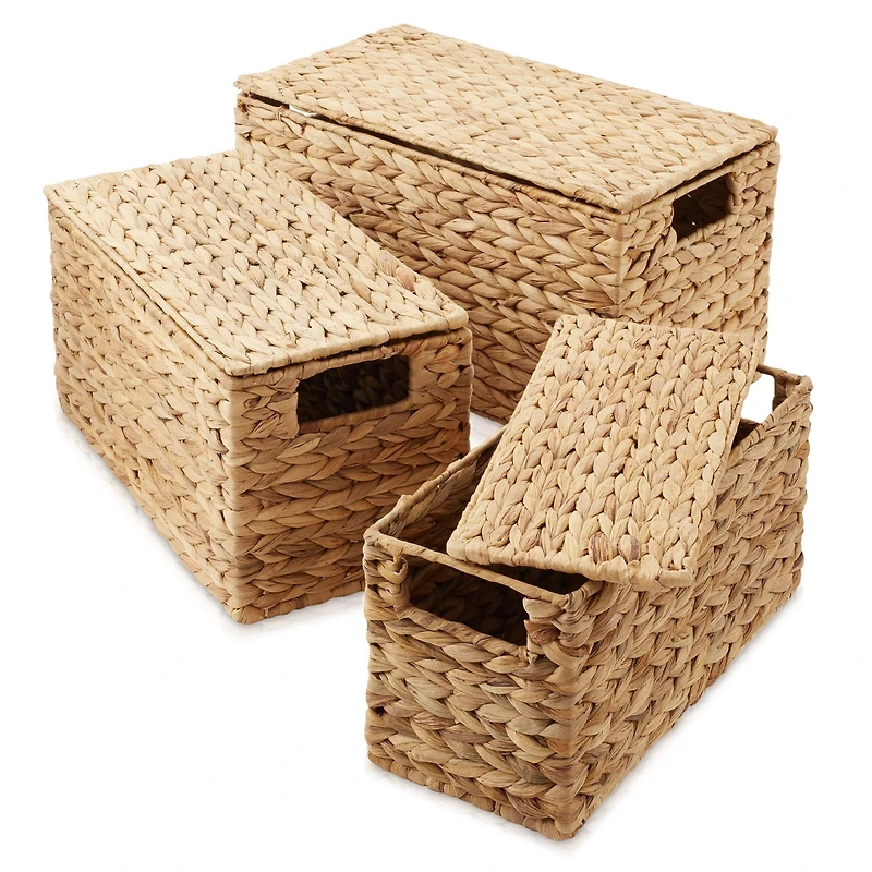 Casafield Set of 3 Water Hyacinth Storage Baskets with Lids, Natural - Small, Medium, Large