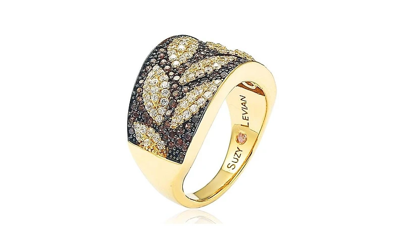 Suzy Levian Sterling Silver Cubic Zirconia Brown and White Leaf Ring