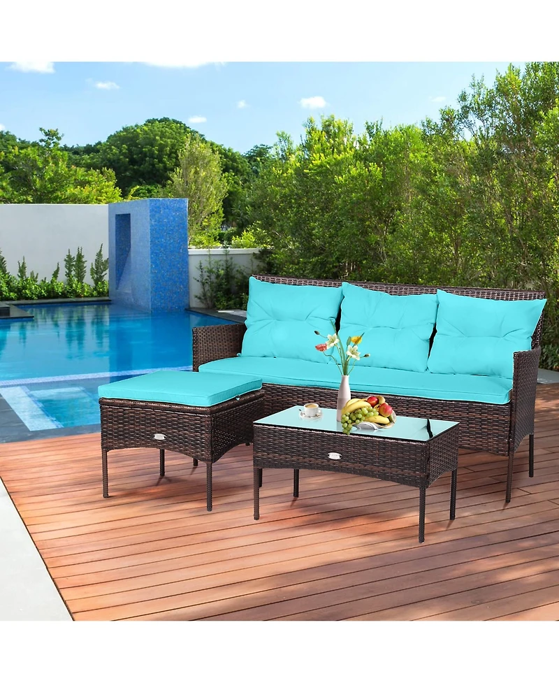 Gymax 3PCS Patio Rattan Sectional Conversation Furniture Set w/ Turqouise Cushions