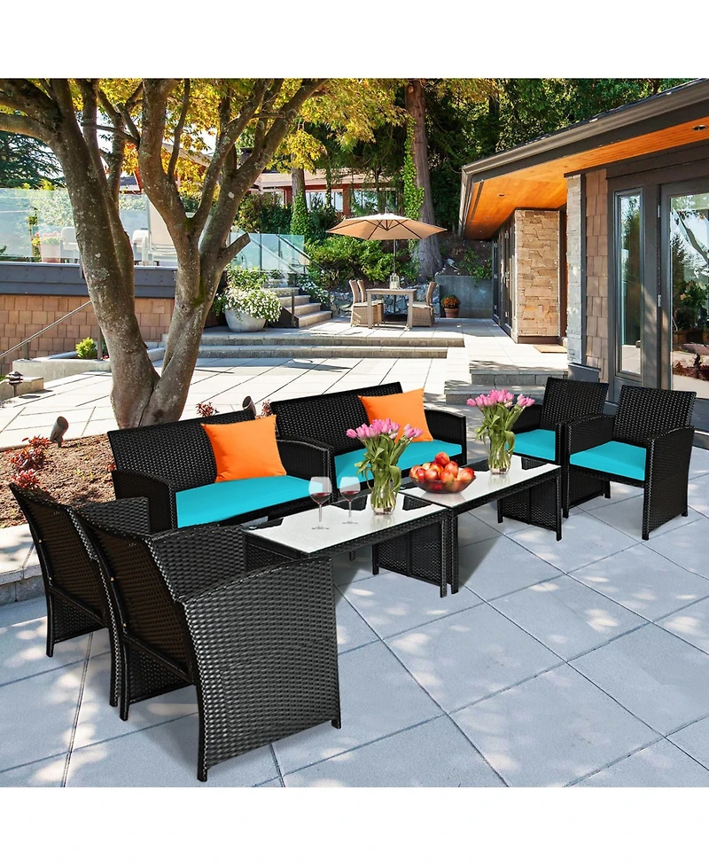 Gymax 8PCS Rattan Outdoor Conversation Set Patio Furniture Set w/ Turquoise Cushions