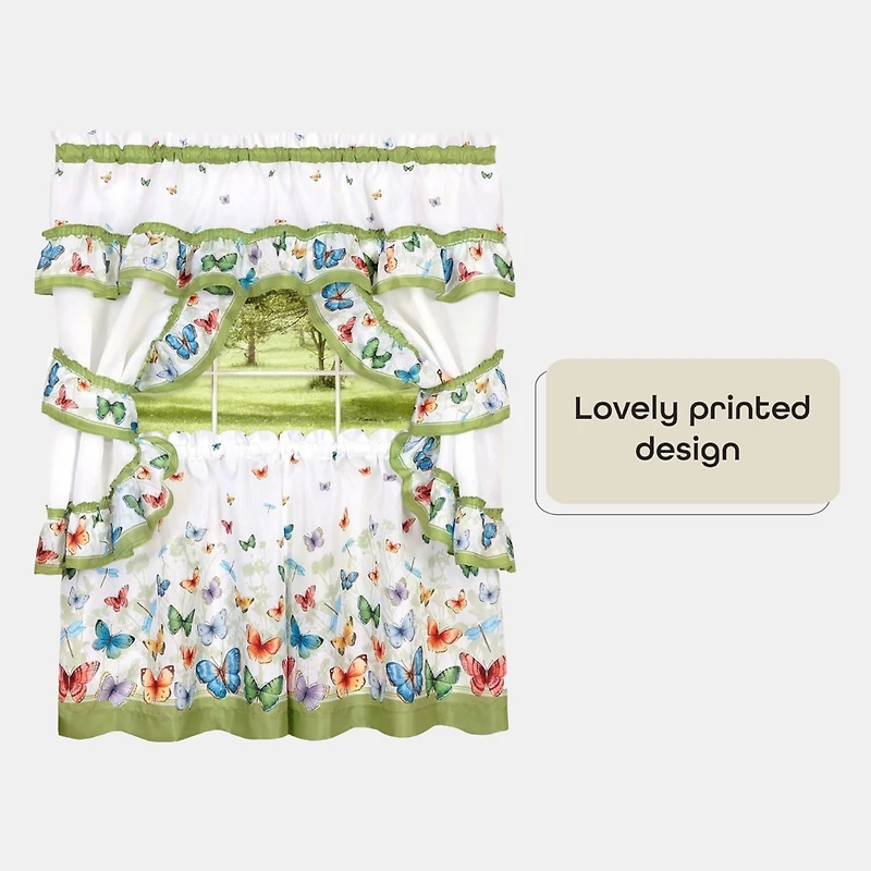 GoodGram Butterflies Prairie Complete 5 Piece Cottage Kitchen Curtain Set