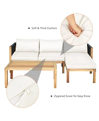 3 Pieces Patio Acacia Wood Sofa Conversation Sets with Nylon Rope Armrest