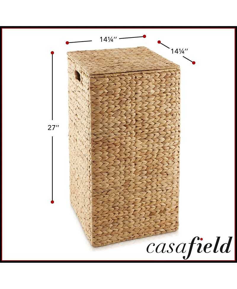 Casafield Laundry Hamper with Lid and Removable Liner Bag - Natural, Woven Water Hyacinth Square Laundry Basket for Clothes
