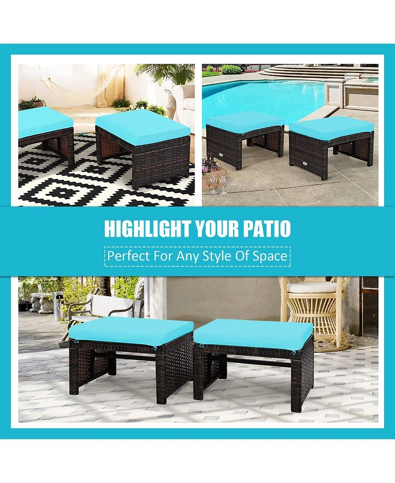 2 Pieces Patio Rattan Ottomans with Soft Cushion for and Garden