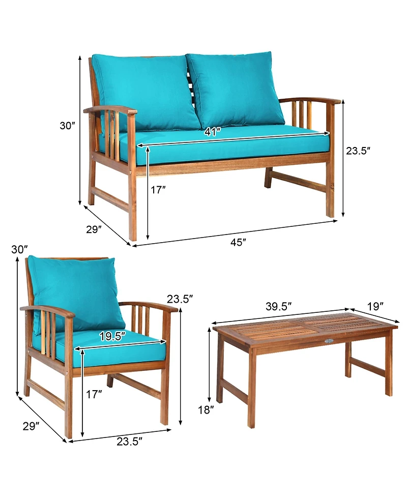 Gymax 4pcs Wooden Patio Furniture Set Table & Sectional Sofa w/ Turquoise Cushion
