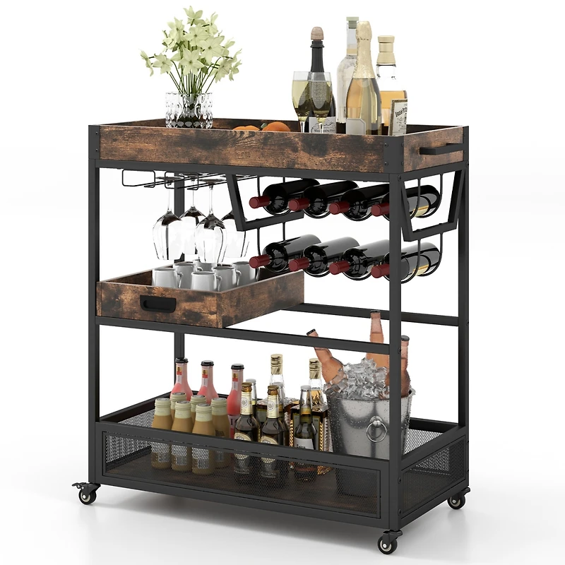 Sugift 3-Tier Industrial Buffet Serving Cart with Wine Rack