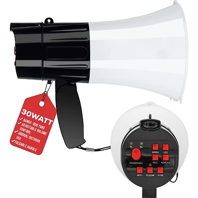 5 Core Megaphone Portable 30W BullhornSiren w Led Adjustable Volume Bull Horn Loudspeaker 800 Yard Range 148 Led