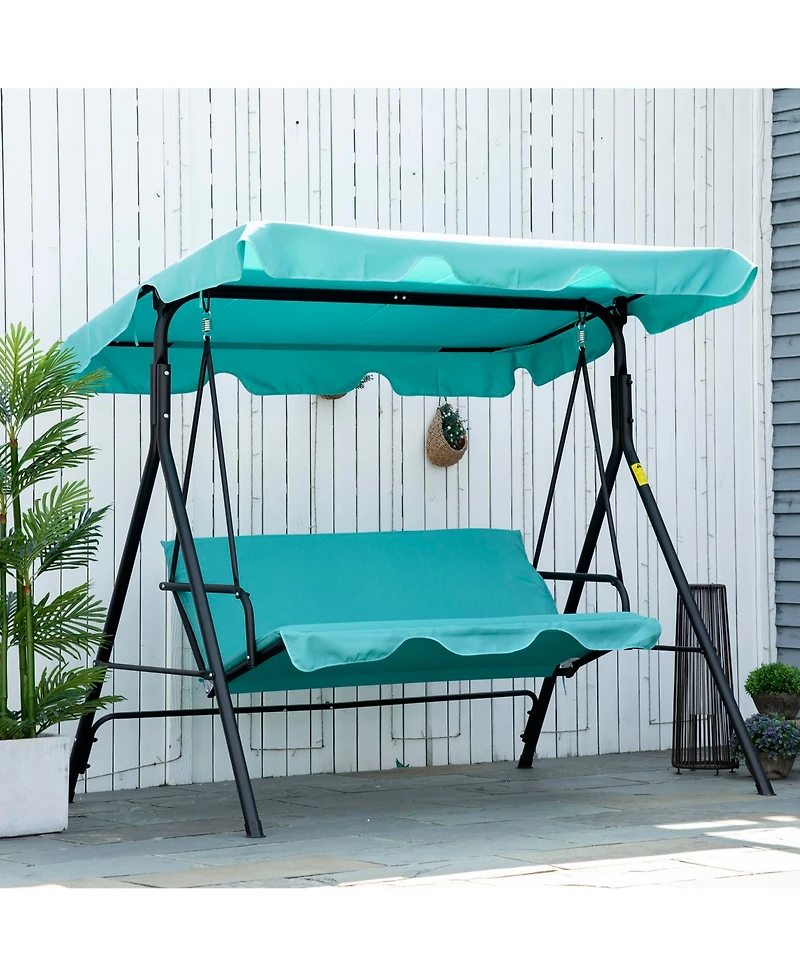 Outsunny Patio Porch Swing Chair with Adjustable Canopy, Seats 3 Adults, Steel Frame, Armrests, Green