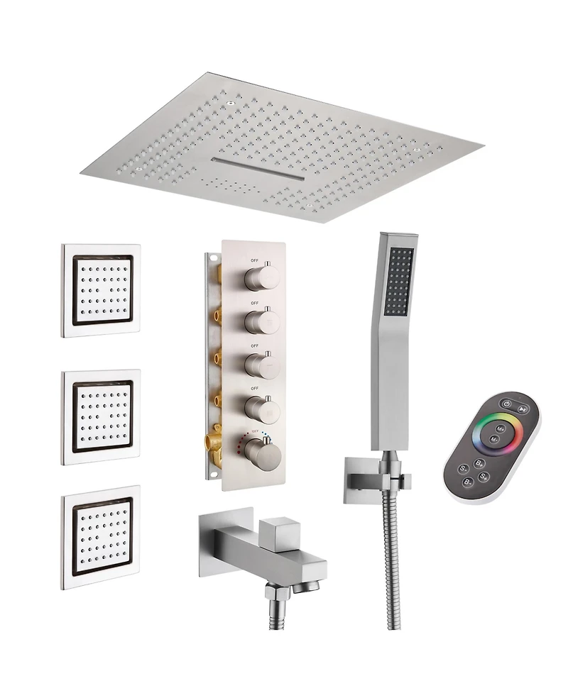Mondawe 16" Ceiling Mounted Led Music Thermostatic Shower System Set with Handheld Spray & 3 Body Jets, Brushed Nickel