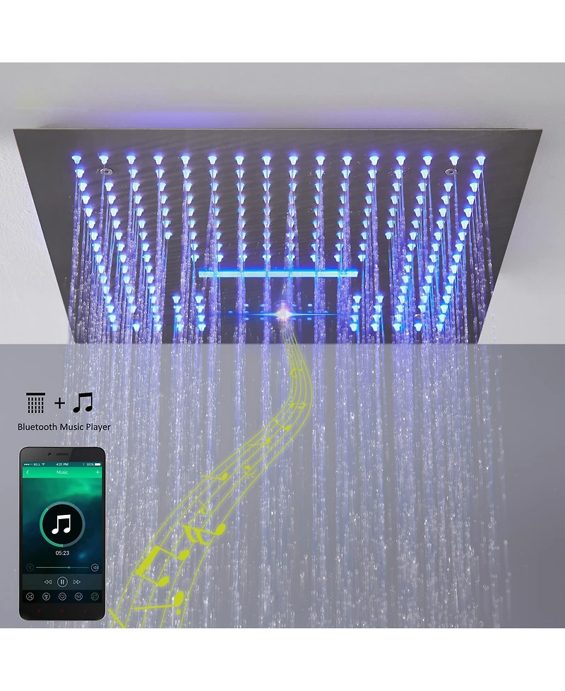 Mondawe 16" Ceiling Mounted Led Music Thermostatic Shower System Set with Handheld Spray & 3 Body Jets, Brushed Nickel