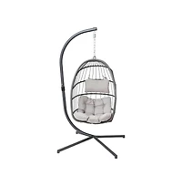 Merrick Lane Riley Foldable Woven Hanging Egg Chair With Removable Cushion And Stand For Indoor And Outdoor Use