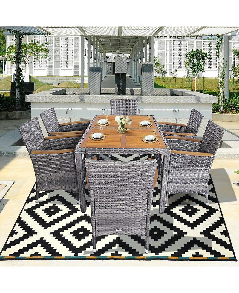 7 Pieces Patio Acacia Wood Cushioned Pe Rattan Wicker Dining Set