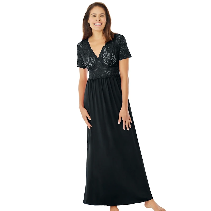 Amoureuse Women's Plus Long Lace Top Stretch Knit Gown