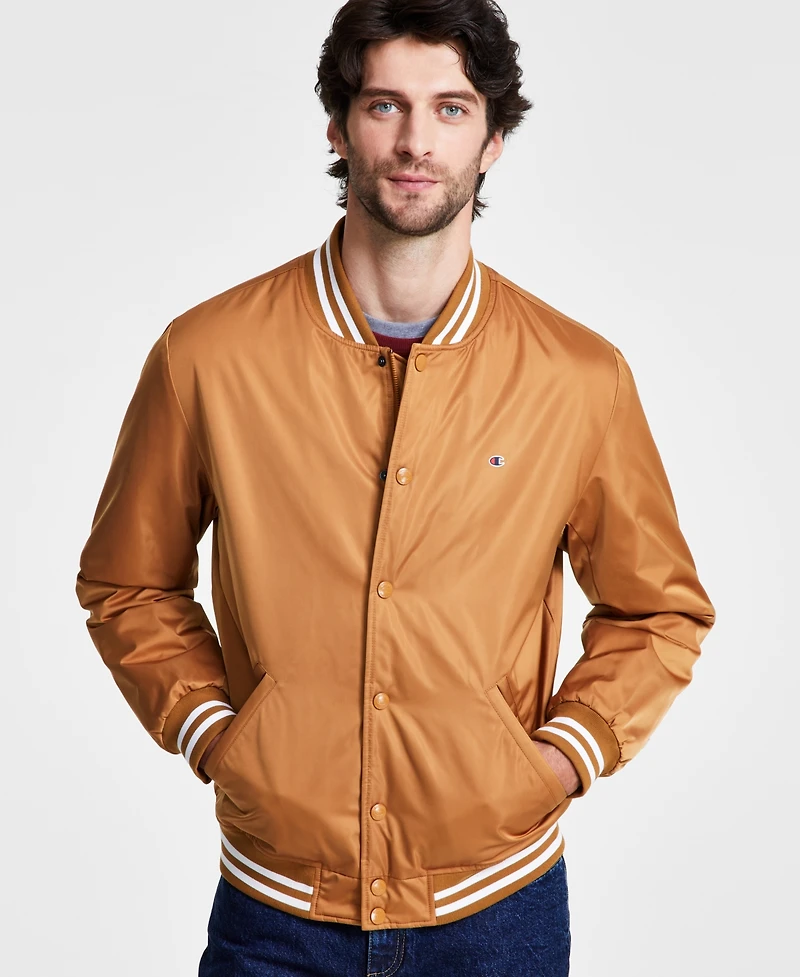 Champion Men's Classic Logo Striped-Trim Varsity Jacket