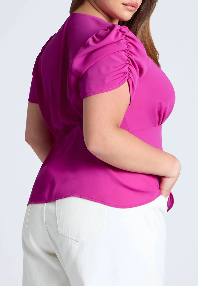 Eloquii Women's Shirred Sleeve Top With Buttons