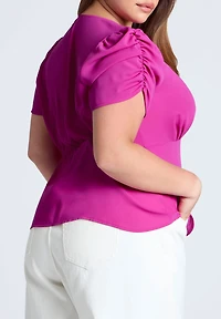 Eloquii Women's Shirred Sleeve Top With Buttons