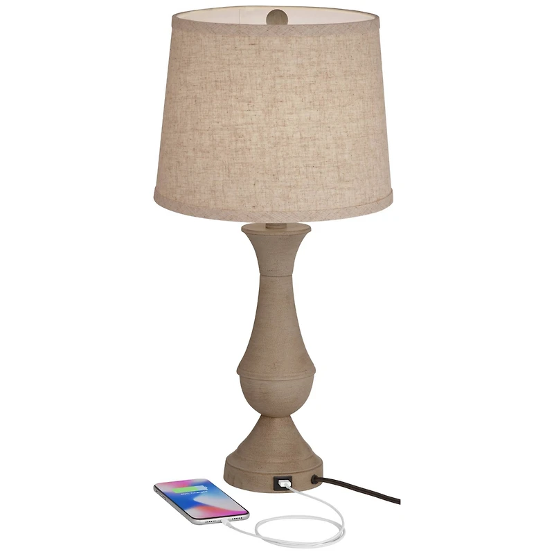 Regency Hill Avery Traditional Table Lamps 25" High Set of 2 Faux Wood with Usb Charging Port Led Touch On Off Beige Shades for Living Room Home