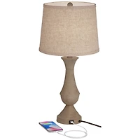 Regency Hill Avery Traditional Table Lamps 25" High Set of 2 Faux Wood with Usb Charging Port Led Touch On Off Beige Shades for Living Room Home