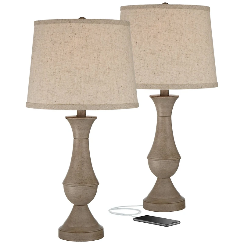 Regency Hill Avery Traditional Table Lamps 25" High Set of 2 Faux Wood with Usb Charging Port Led Touch On Off Beige Shades for Living Room Home