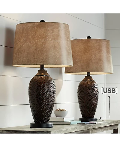 Franklin Iron Works Kaly Rustic Industrial Table Lamps 25" High Set of 2 Hammered Oiled Bronze with Usb Charging Port Faux Leather Drum Shade for