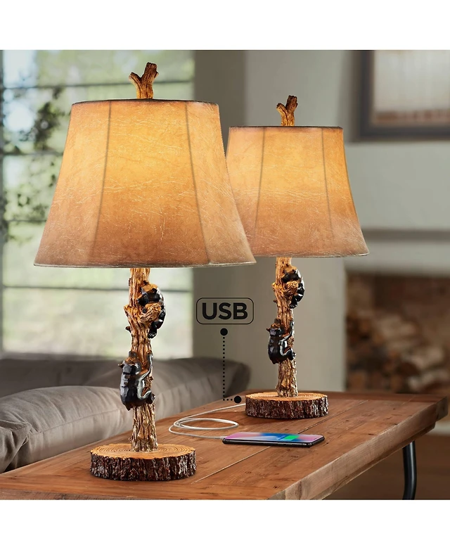 John Timberland Climbing Bears 22 1/2" High Small Rustic Style Accent Table Lamps Set of 2 Usb Port Brown Wood Finish Charging