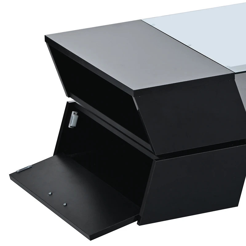 Simplie Fun 6mm Glass-Top Coffee Table With Open Shelves And Cabinets, Geometric Style Cocktail Table