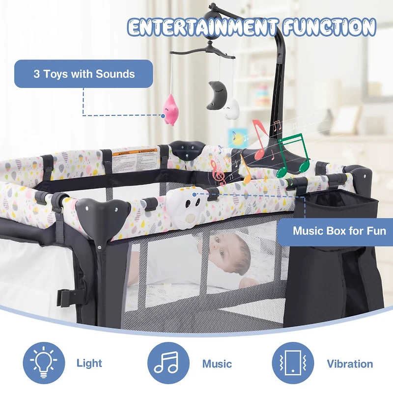 Costway Kids Portable Playard Nursery Center Crib with Hanging Toys & Music Box Unisex 0-3 Years