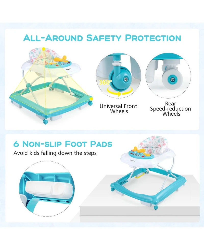 Costway Foldable Baby Walker with 3 Adjustable Heights Comfy Padded Seat Music Tray