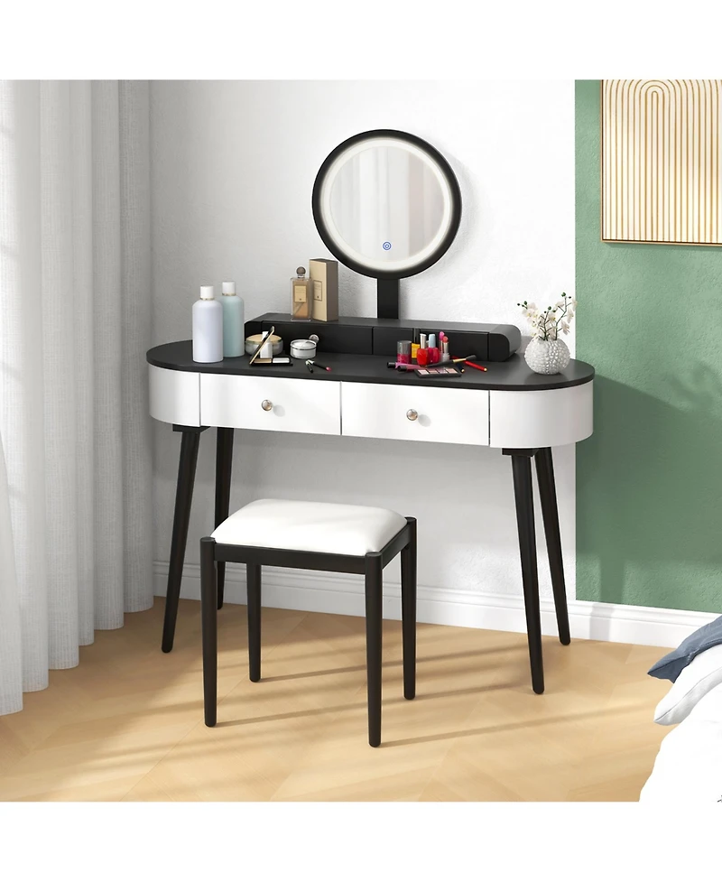 Solid Wood Makeup Vanity Desk Set with Led Lighted Mirror Drawers Cushioned Stool