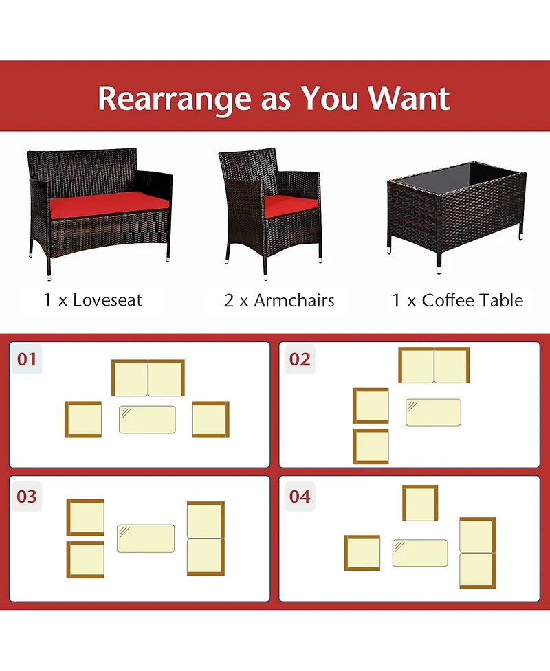 4PCS Patio Furniture Set Rattan Conversation Set W/ Tempered Glass Coffee Table