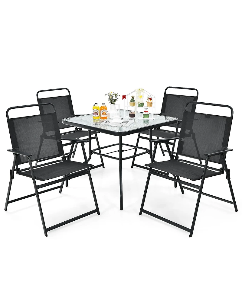 6PCS Patio Furniture Dining Set Folding Chairs Glass Table W/Umbrella Deck