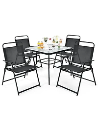 6PCS Patio Furniture Dining Set Folding Chairs Glass Table W/Umbrella Deck