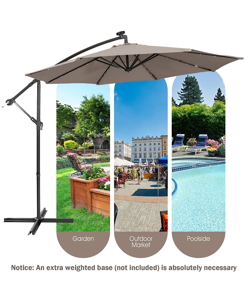 10FT Cantilever Solar Powered 32LED Lighted Patio Offset Umbrella Outdoor